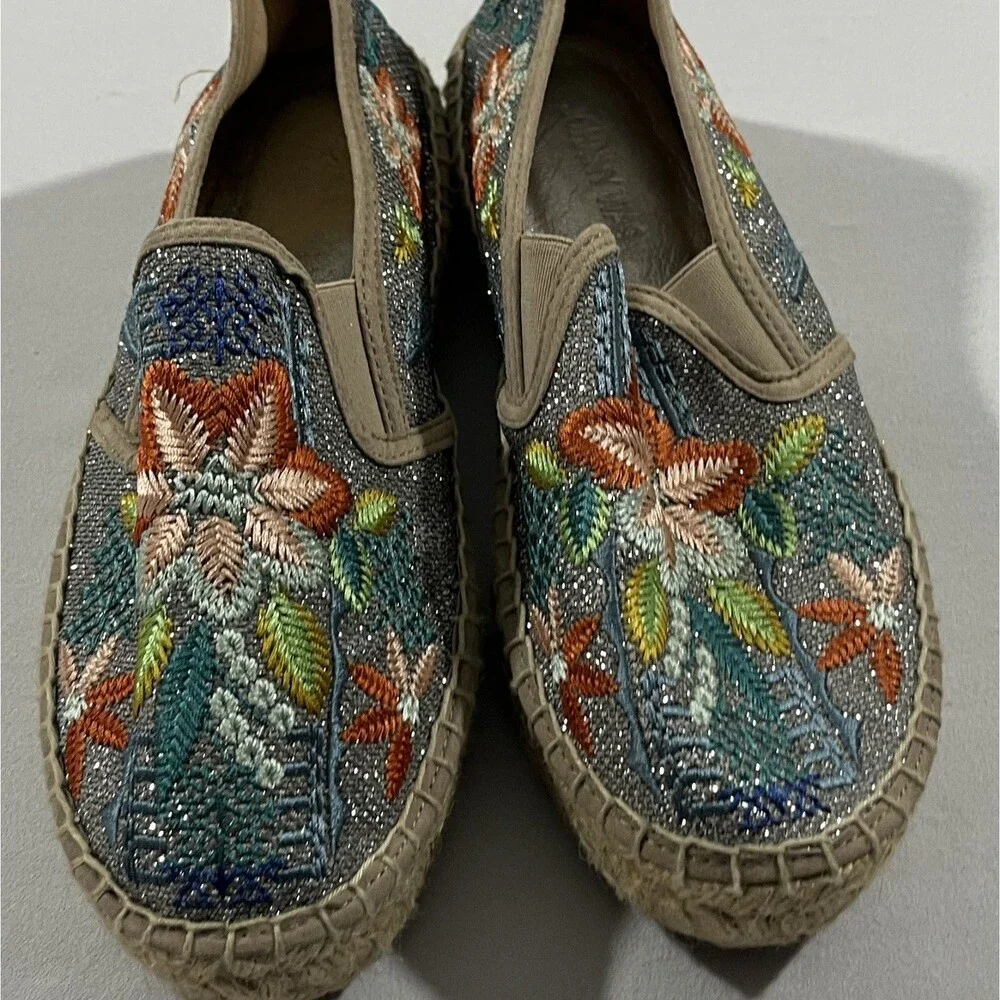 Johnny Was Metallic Floral Embroidered Elysia Espadrilles Platform Shoes Sz 38